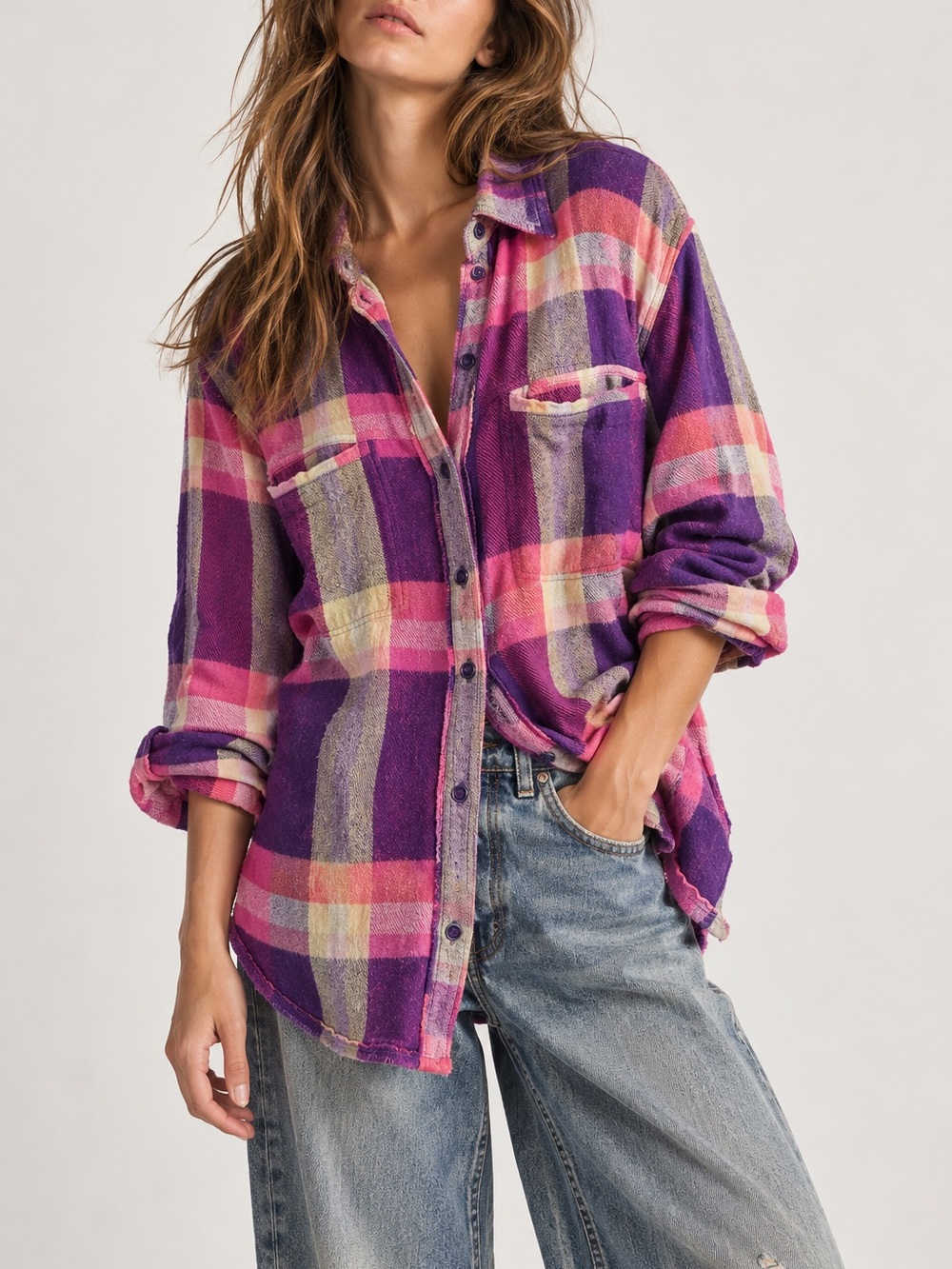 We the free so long summer purple & pink relaxed flannel